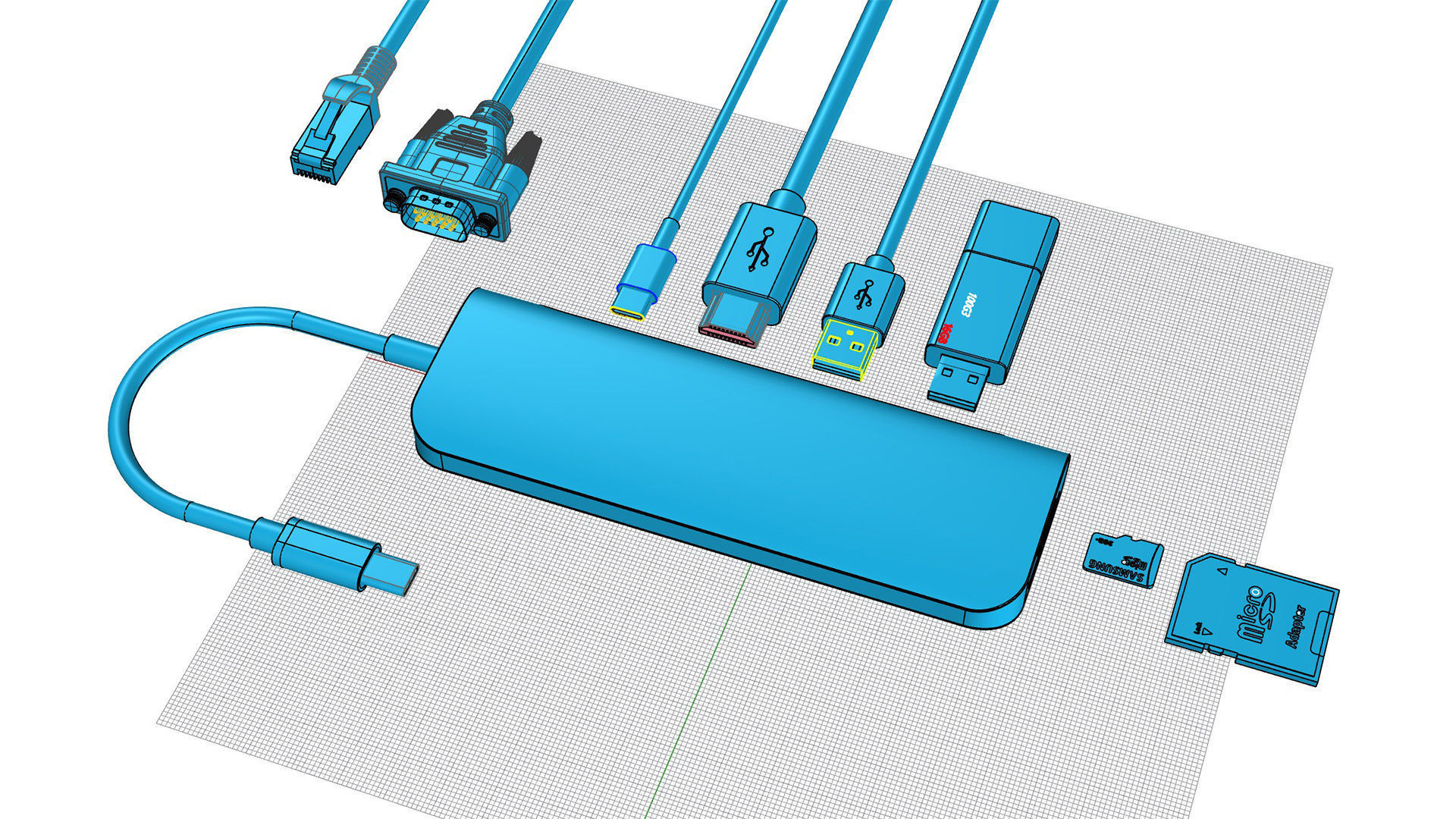Network Cable Head SD Card Data Cable VGA HDMI Docking station 3D model_9