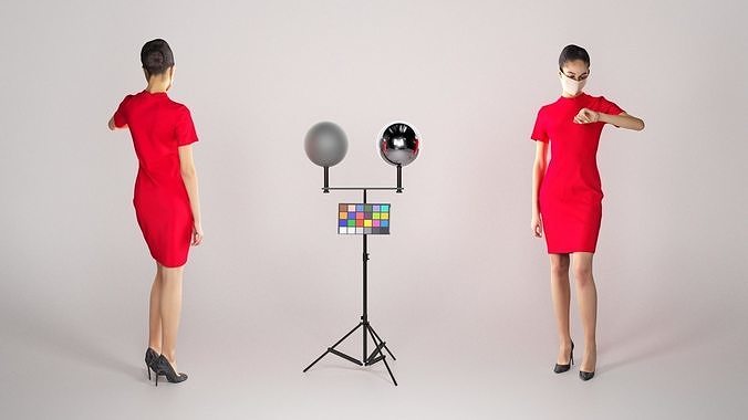 Young girl in a red dress and beige face mask 205 Low-poly 3D model