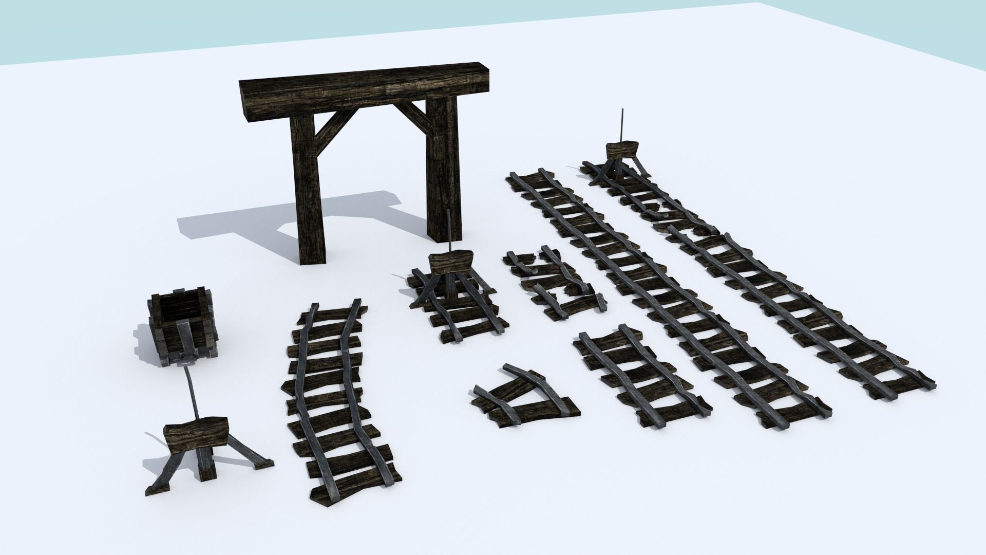 Medieval Mine Cart Tracks - Modular Low-poly 3D model_0
