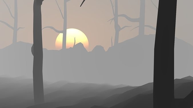 Sunset with fog and bare trees Free 3D model