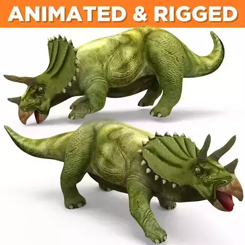 Green Triceratops dinosaur Rigged  Animated 3D Model Low-poly 3D model