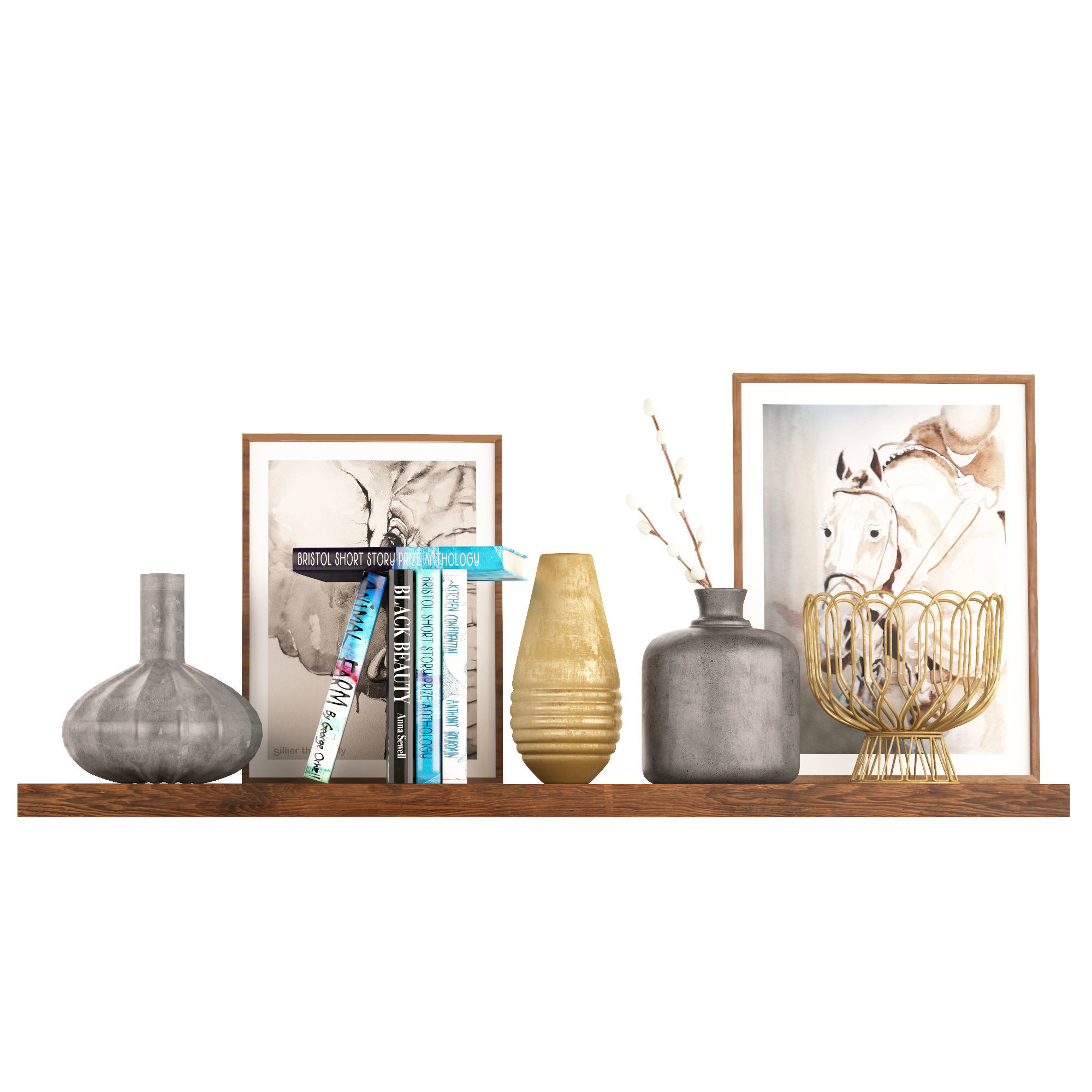 Shelf decor and accessories books and vases 3D model_5