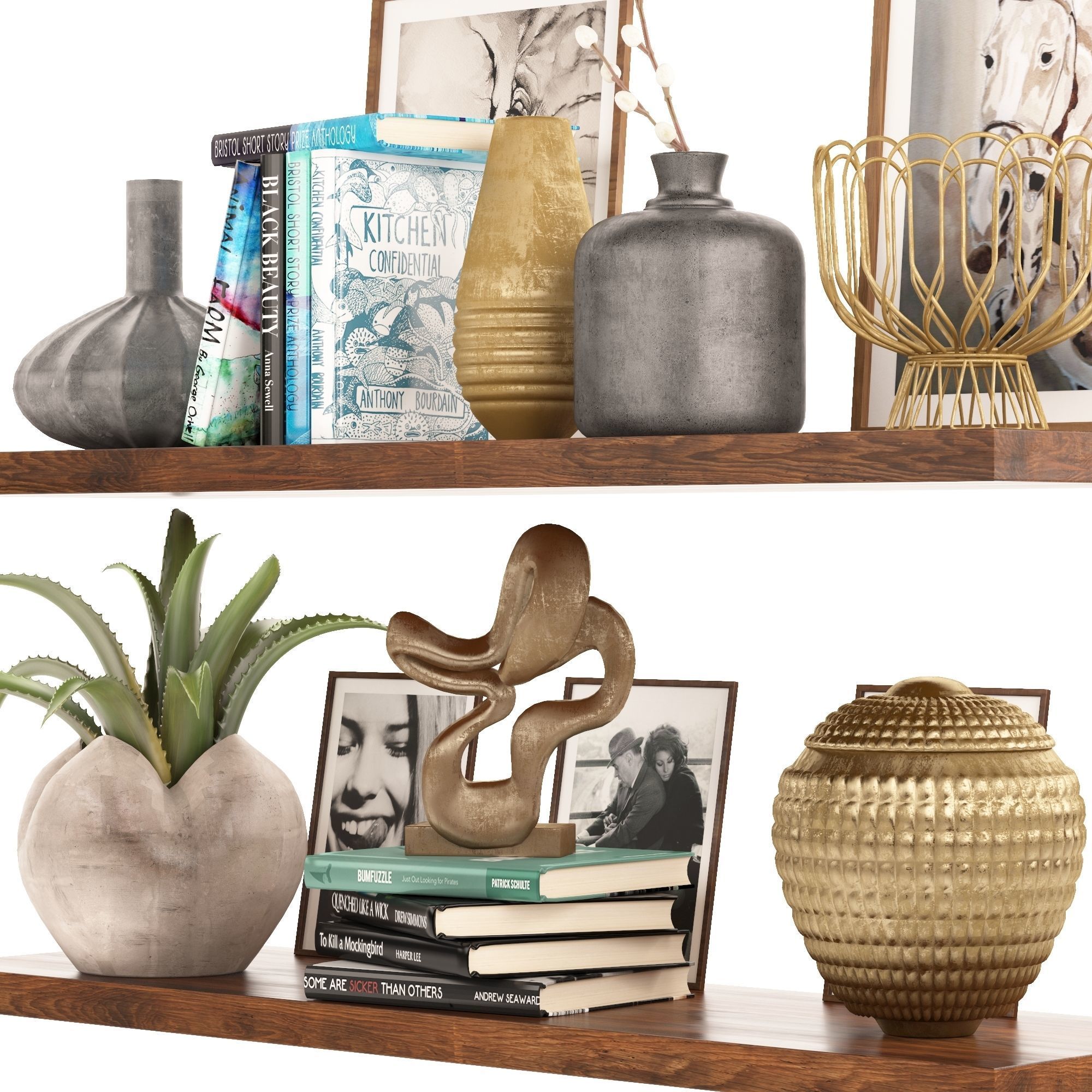 Shelf decor and accessories books and vases 3D model_2
