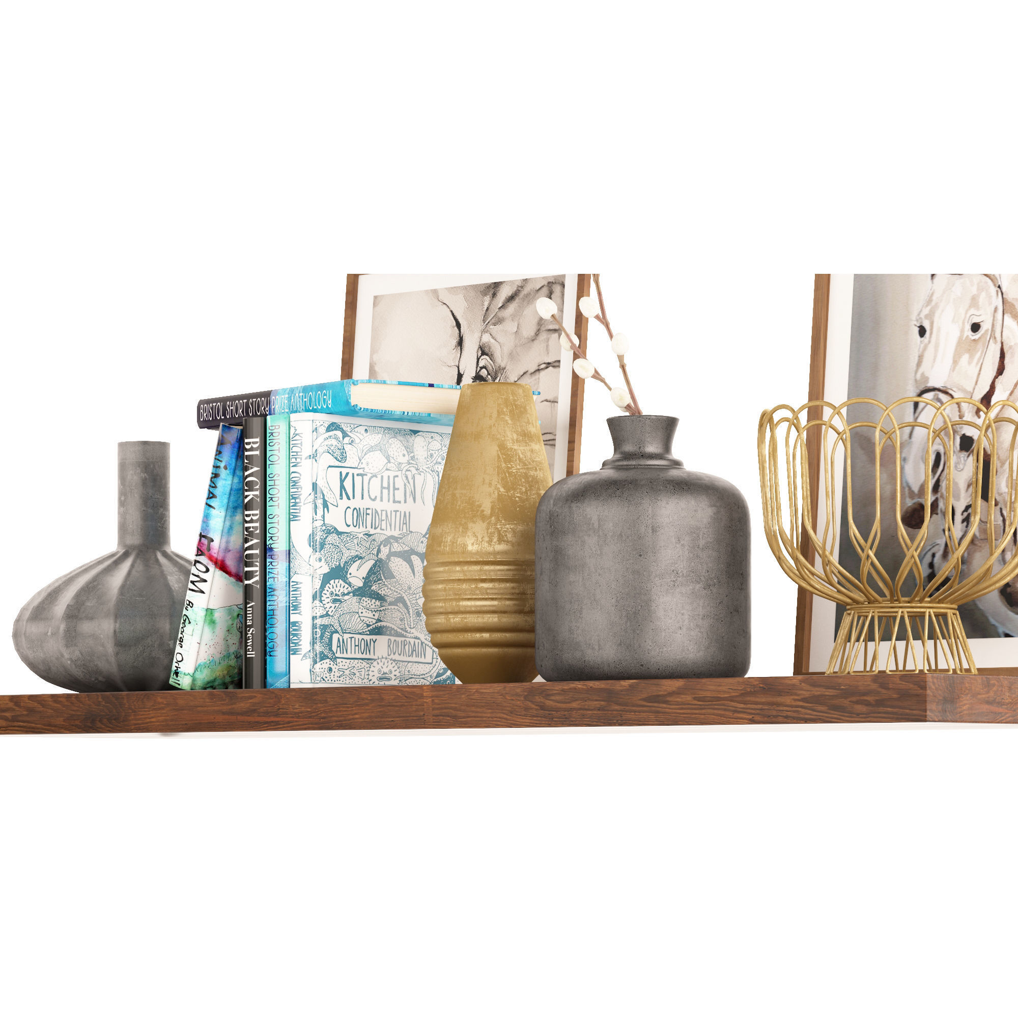 Shelf decor and accessories books and vases 3D model_3