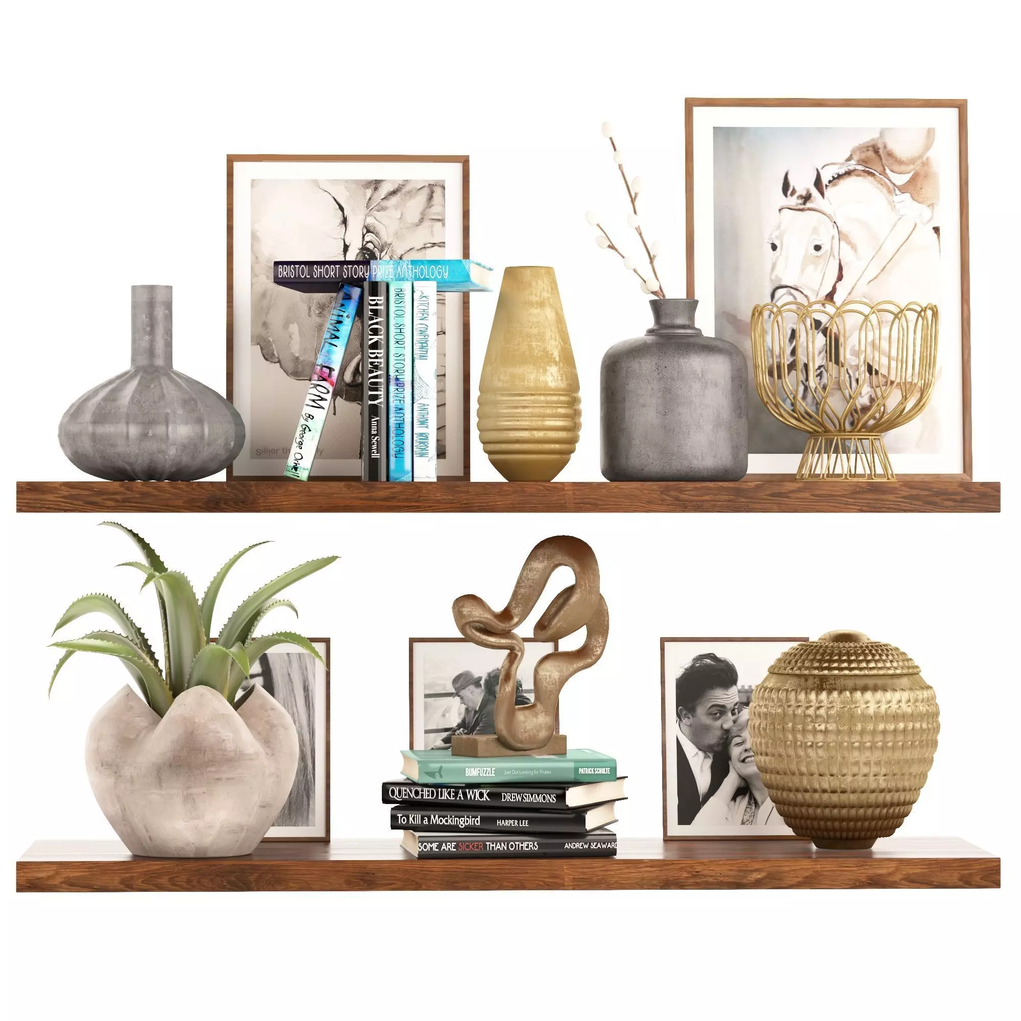 Shelf decor and accessories books and vases 3D model_0