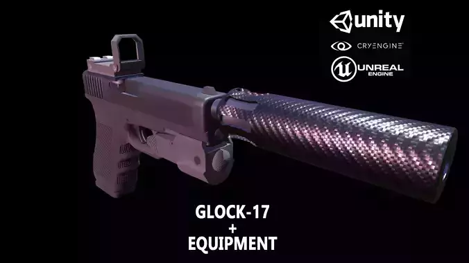 Low-poly game-ready 3d model Glock-17 and equipment