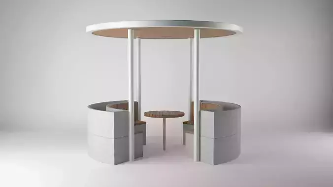 Pergola circular seating area with two benches and table