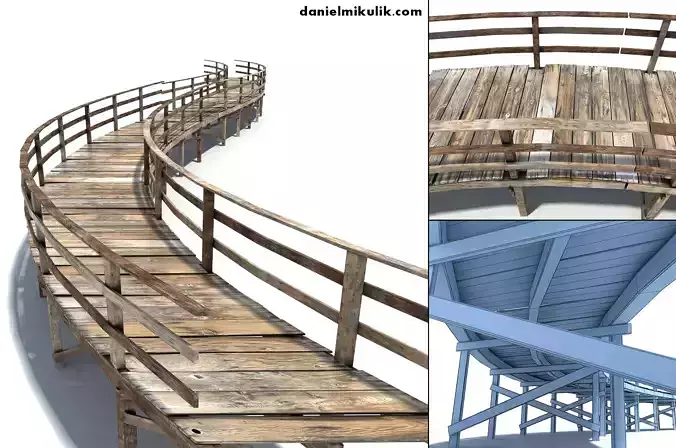 Footbridge Low Poly curved wooden bridge Low-poly 3D model