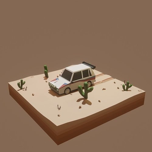 Low Poly Rally car in desert with cactus Low-poly 3D model