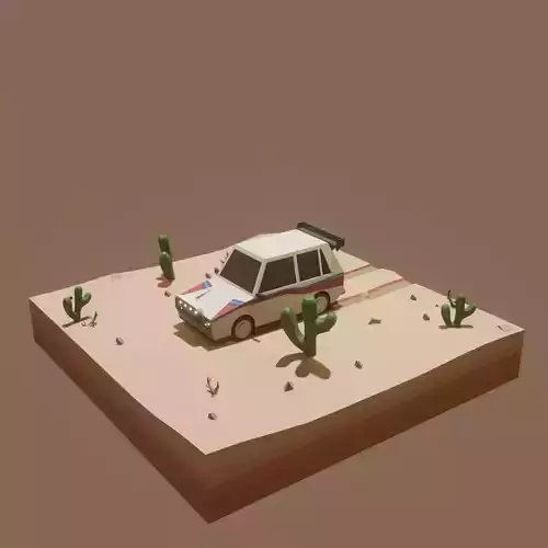 Low Poly Rally car in desert with cactus