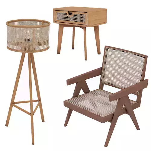 Chair-floorlamp-nightstand wooden lounge chair with woven seat 3D model