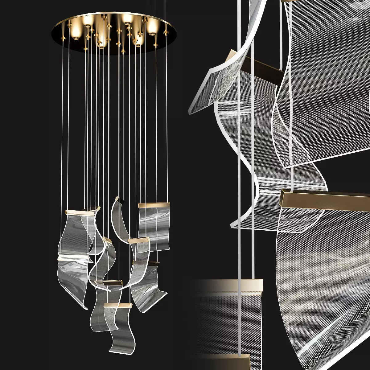 candela chandelier made of glass and metal 3D model_0