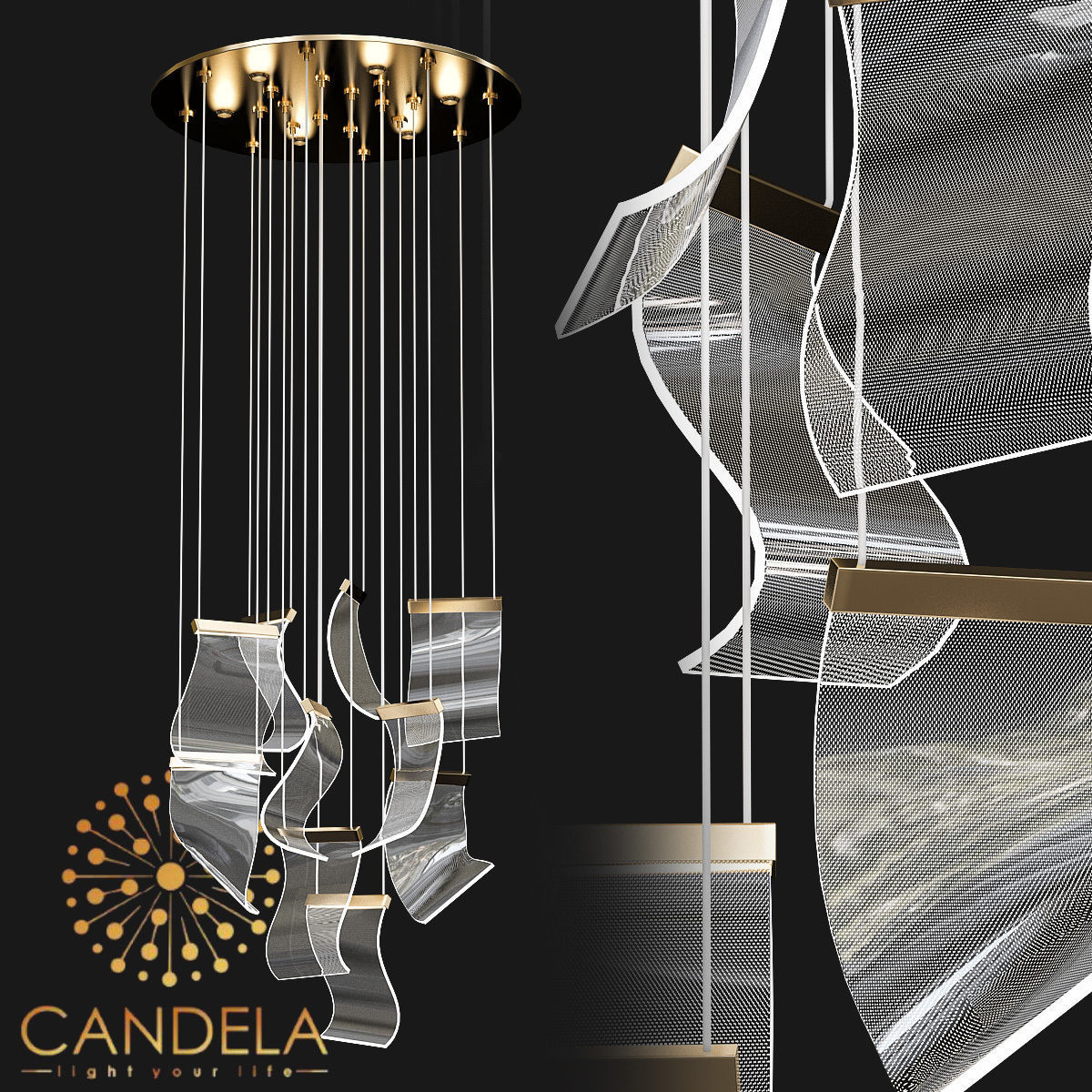 candela chandelier made of glass and metal 3D model_1