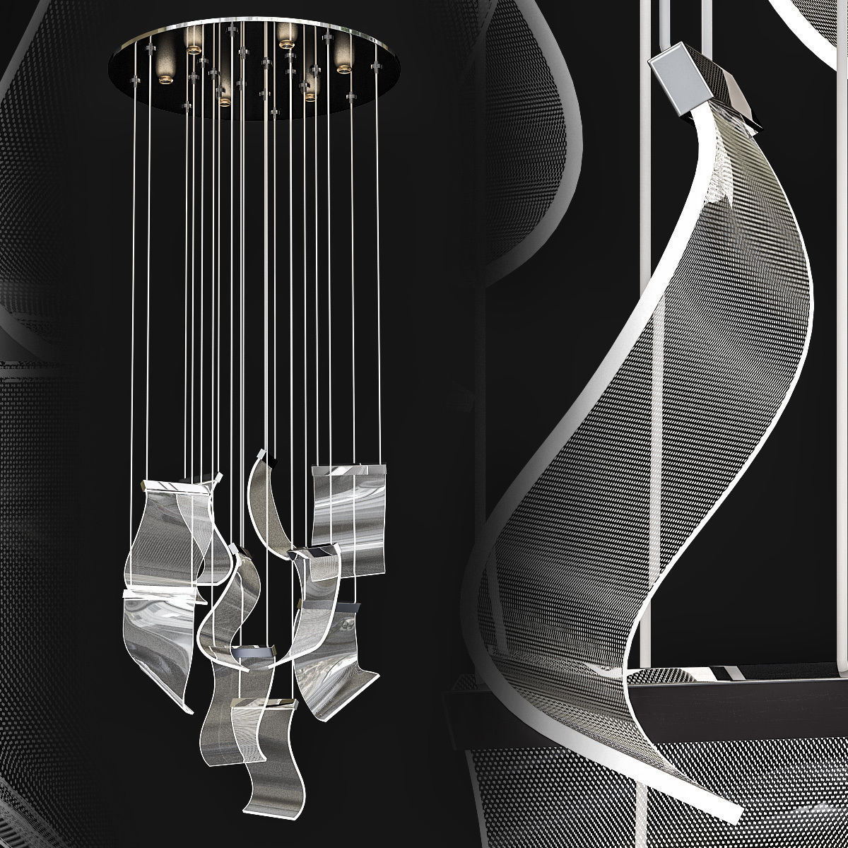 candela chandelier made of glass and metal 3D model_3