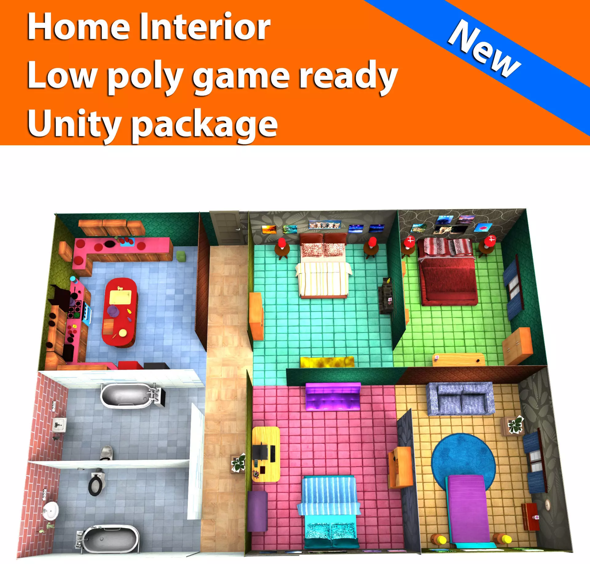 3d low poly houses with interior game ready Low-poly 3D model