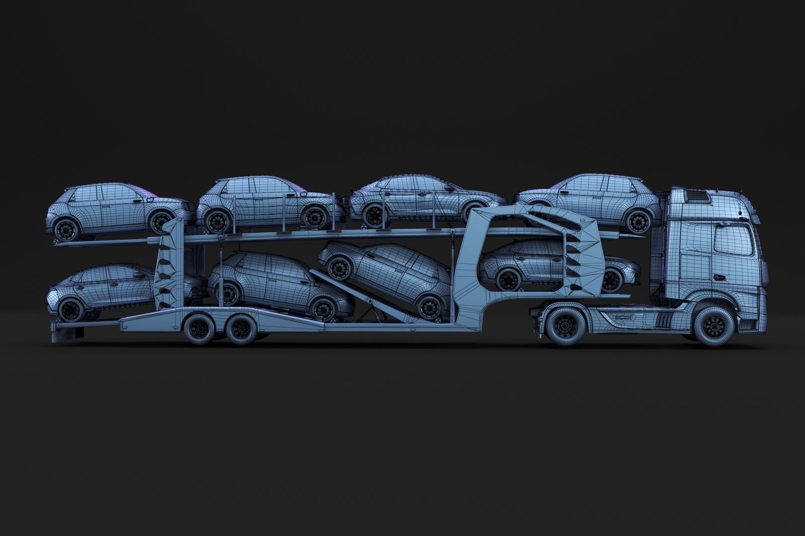 Semi-truck with car carrier trailer 3D model_15