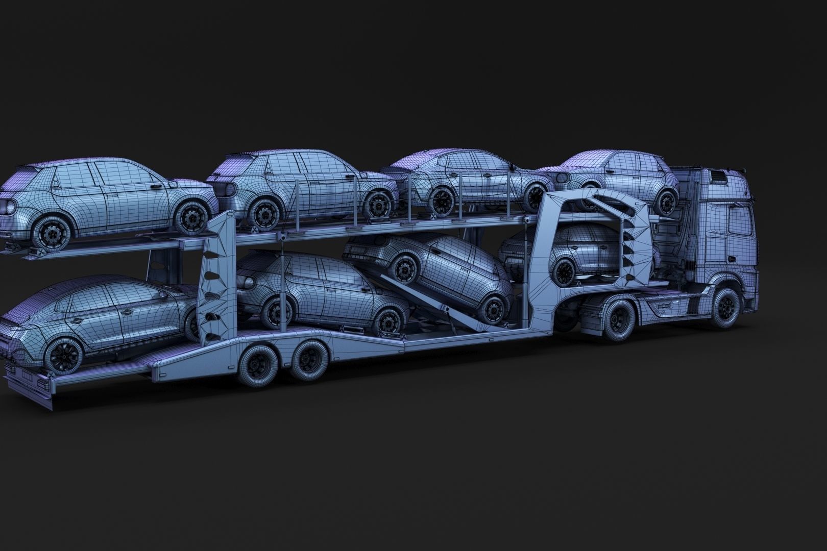 Semi-truck with car carrier trailer 3D model_12