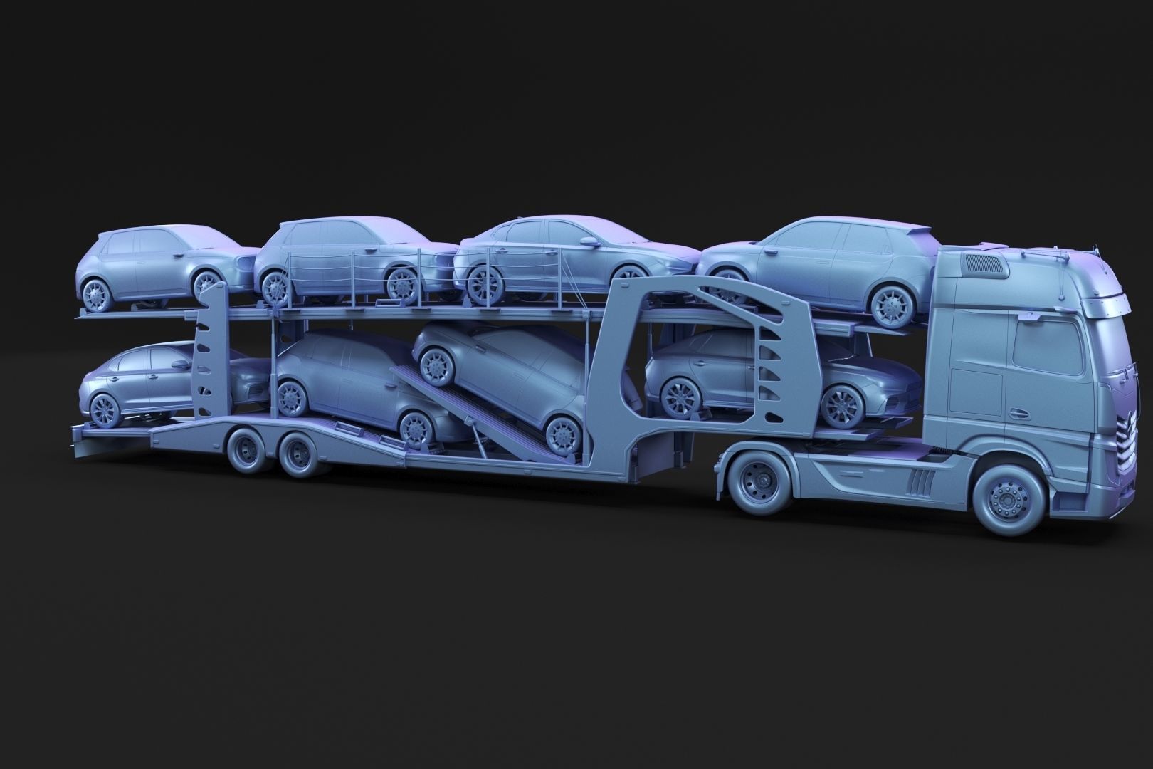 Semi-truck with car carrier trailer 3D model_2