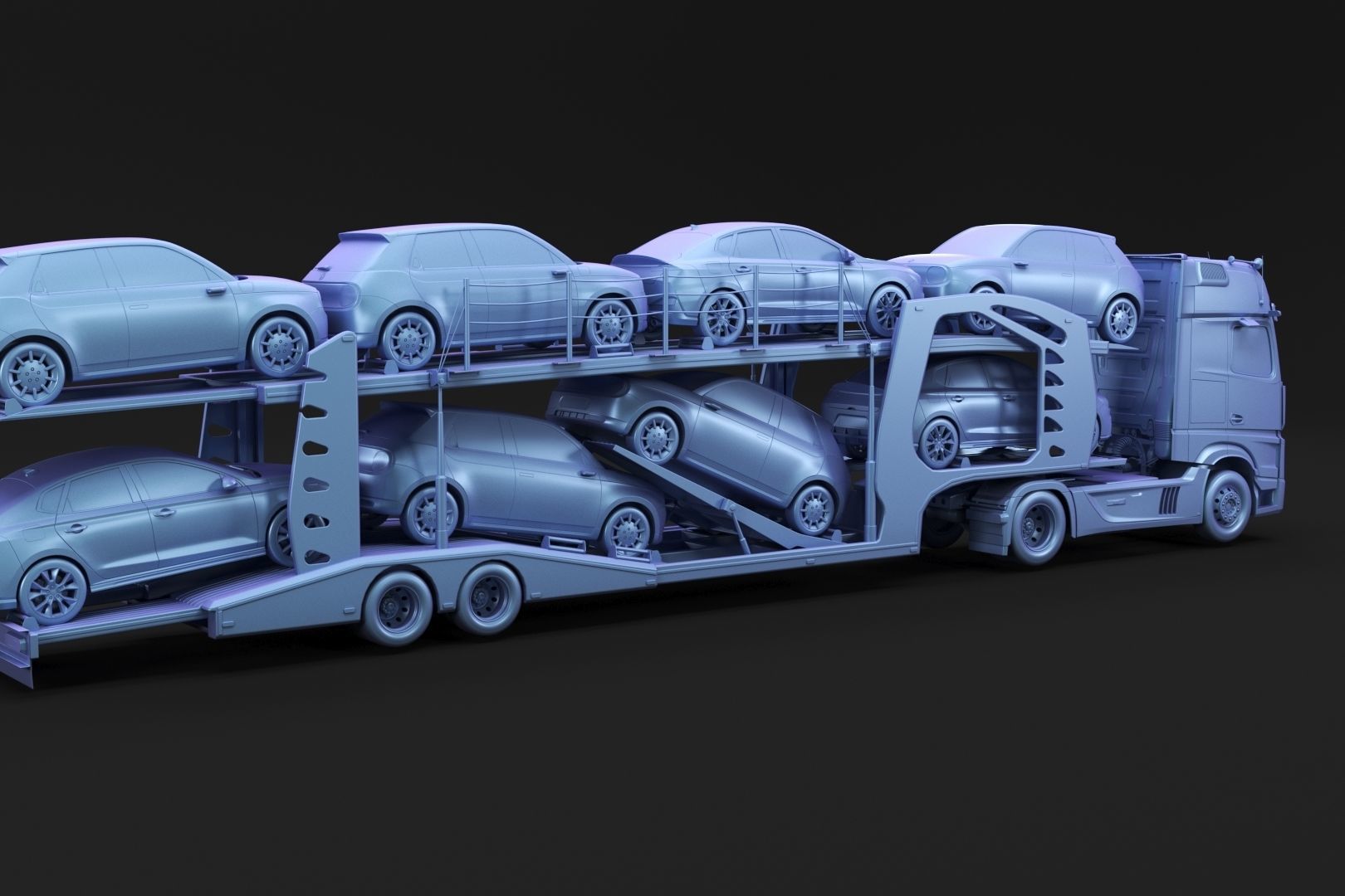 Semi-truck with car carrier trailer 3D model_5