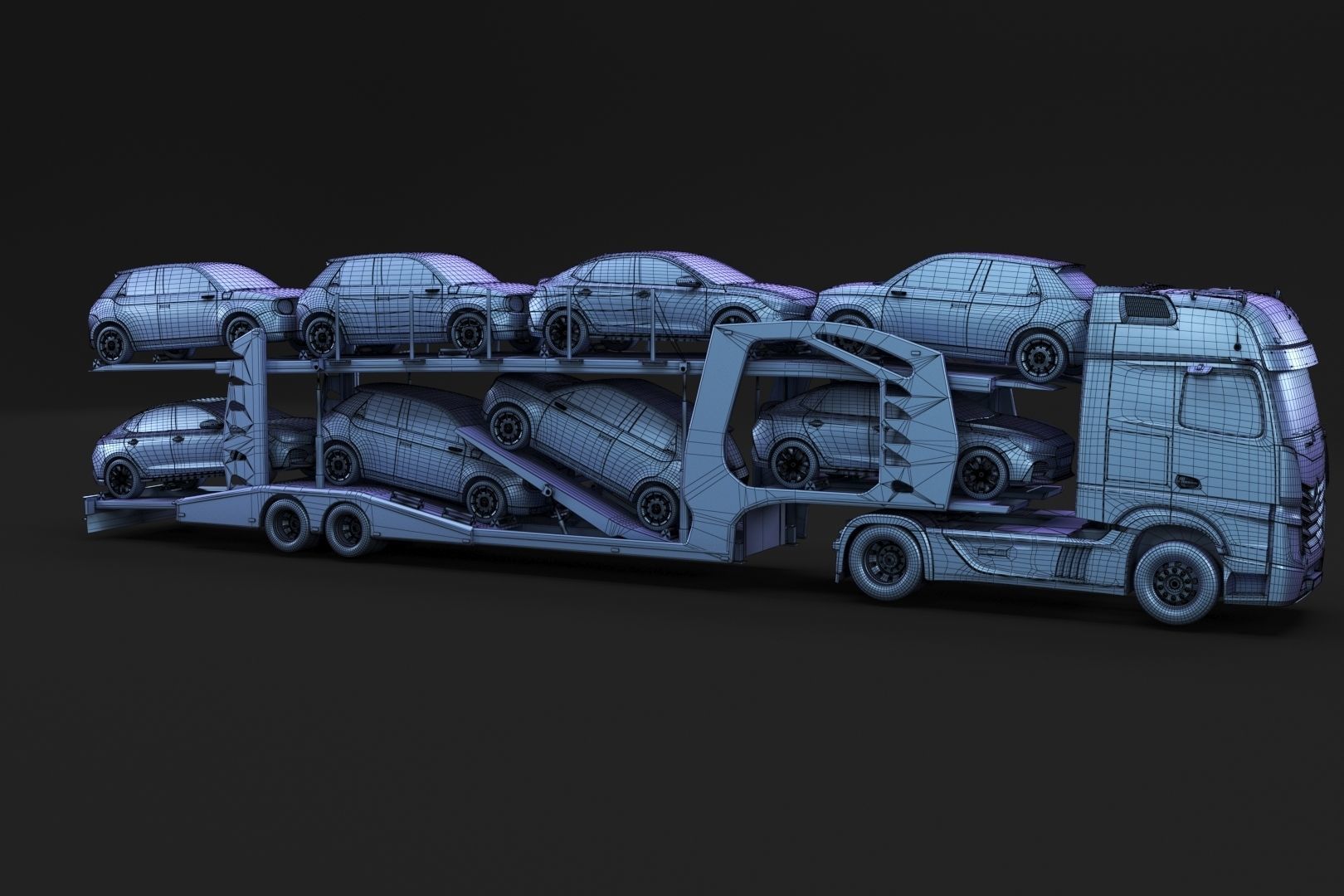 Semi-truck with car carrier trailer 3D model_9