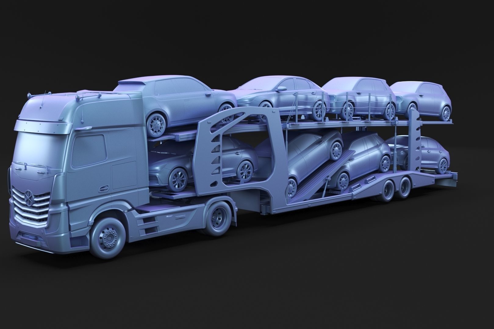 Semi-truck with car carrier trailer 3D model_3