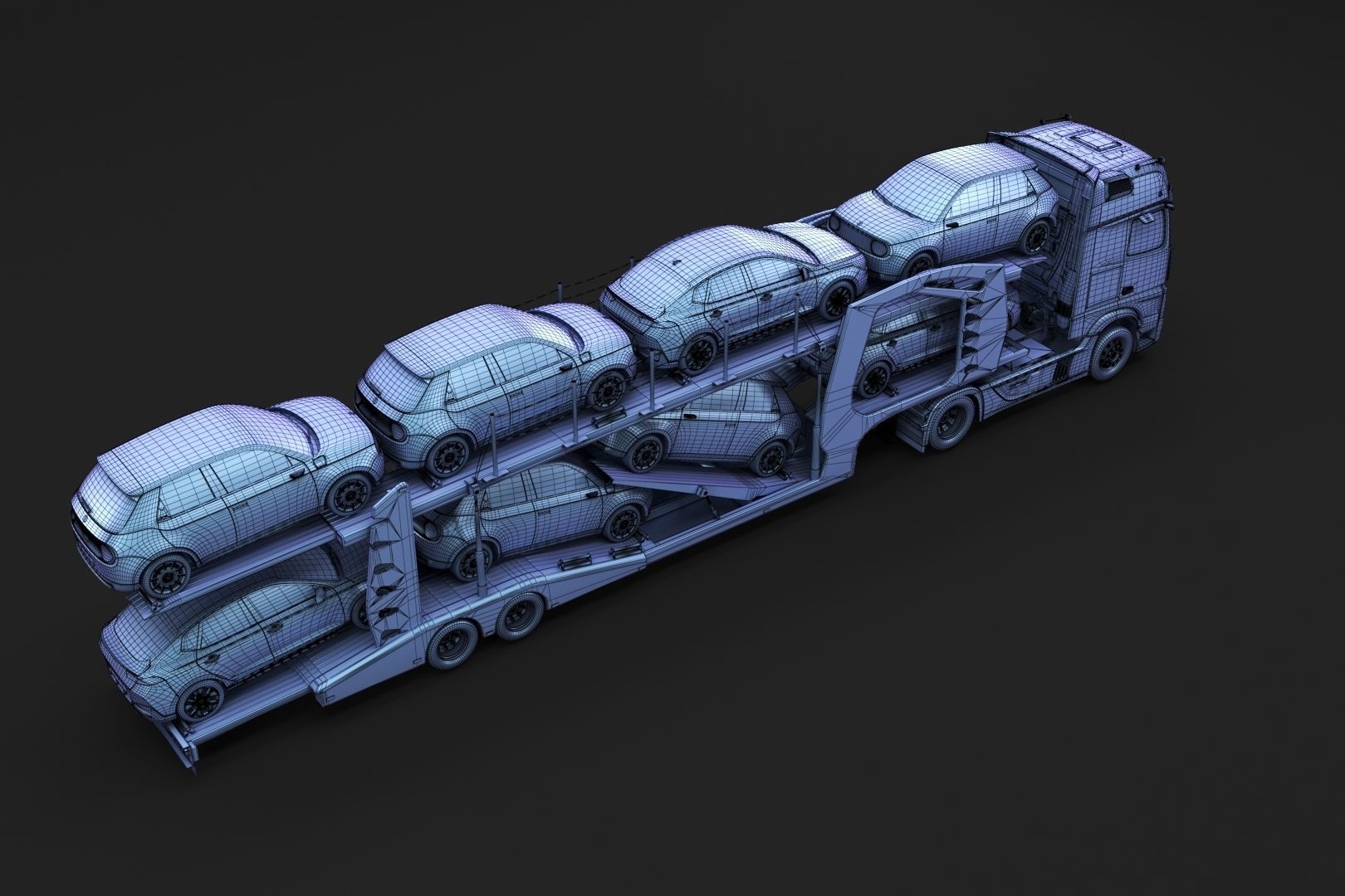 Semi-truck with car carrier trailer 3D model_13