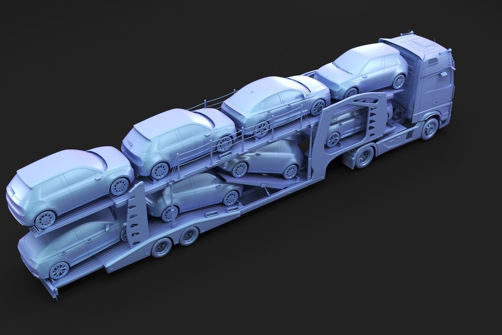 Semi-truck with car carrier trailer 3D model_6