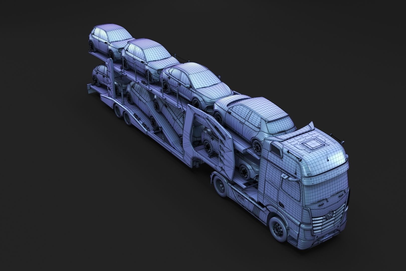 Semi-truck with car carrier trailer 3D model_14