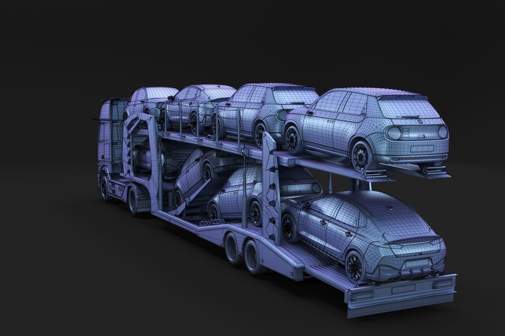 Semi-truck with car carrier trailer 3D model_11