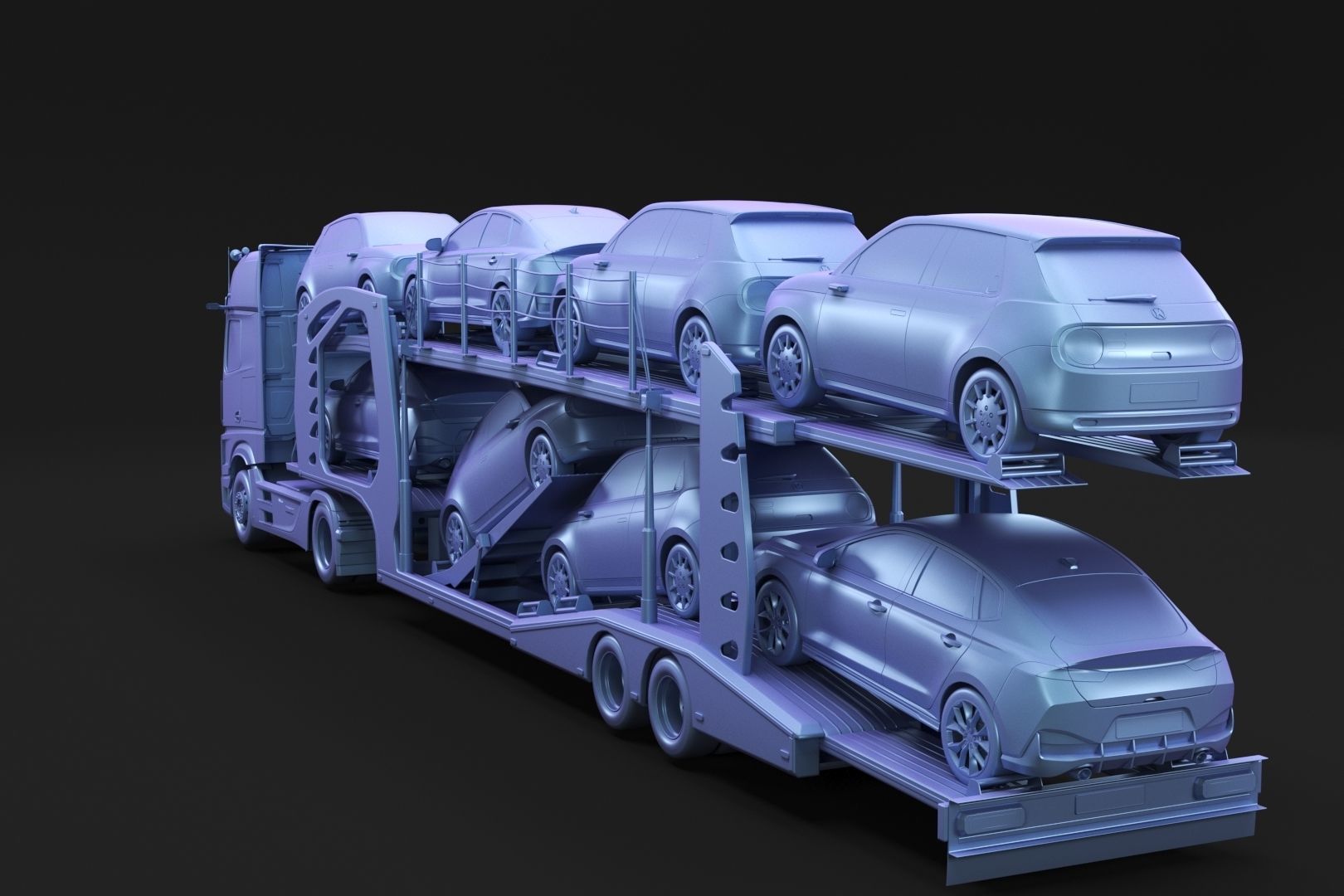 Semi-truck with car carrier trailer 3D model_4