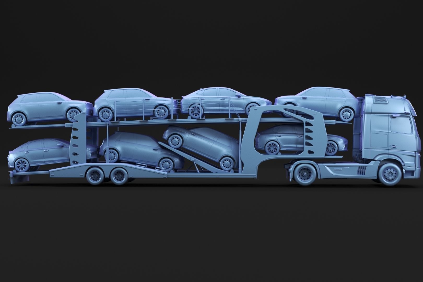Semi-truck with car carrier trailer 3D model_8
