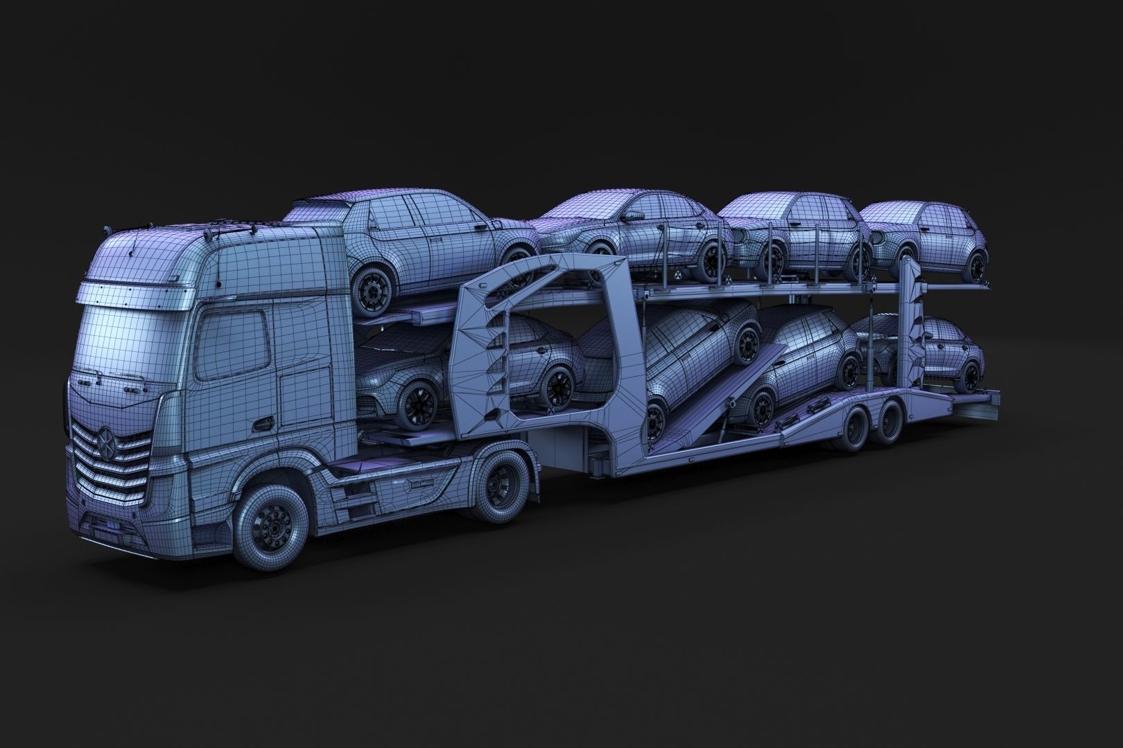 Semi-truck with car carrier trailer 3D model_10