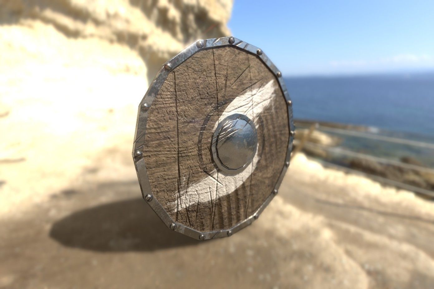 Shield wooden in desert Low-poly 3D model_2