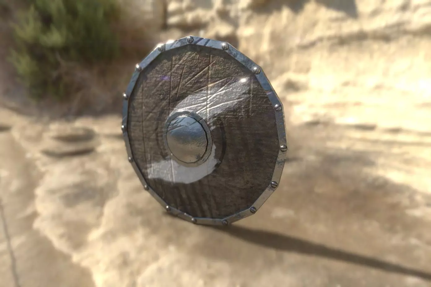 Shield wooden in desert Low-poly 3D model_0