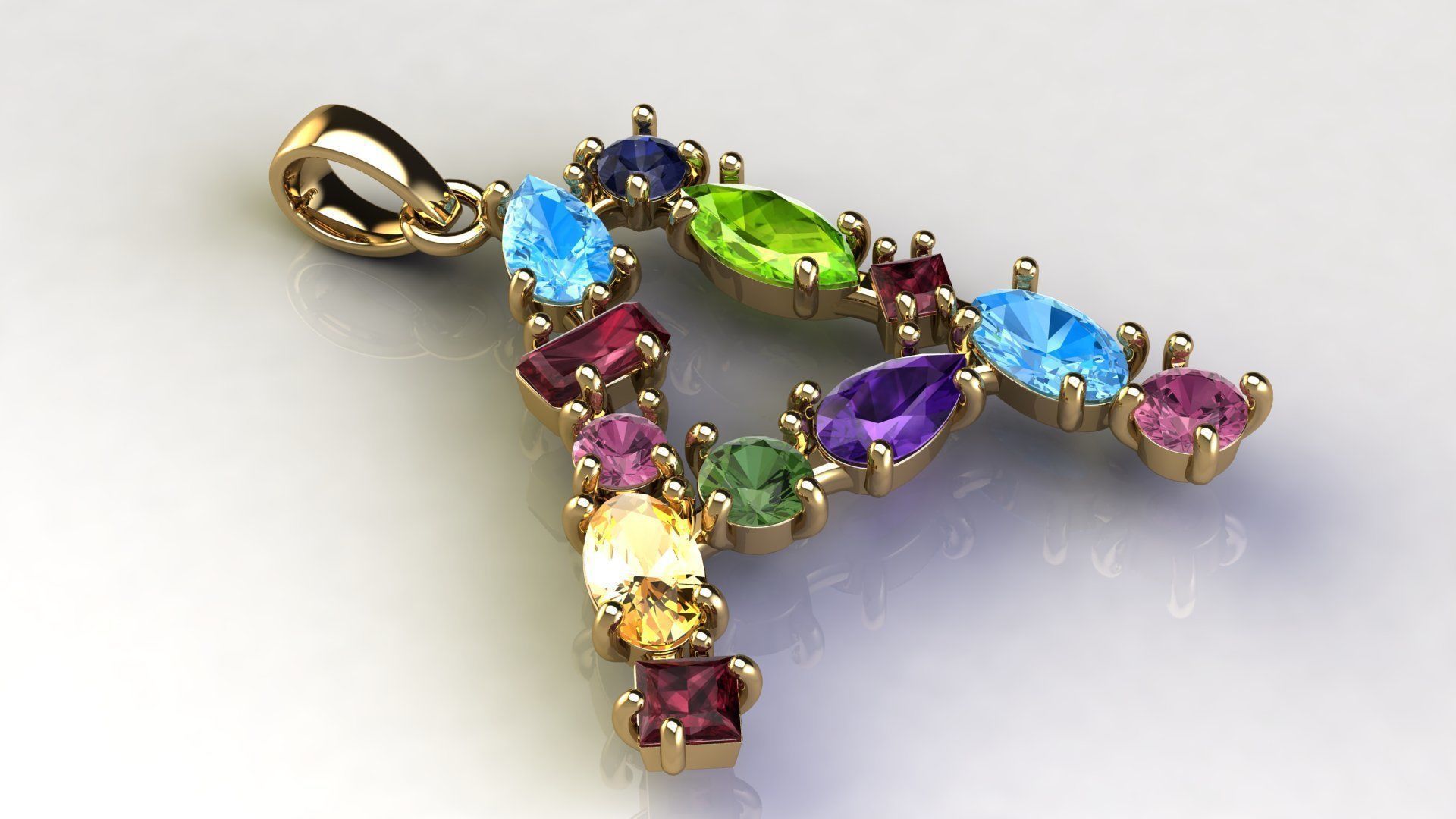 Pendant Letter A with Mix Gems 3D print model_3