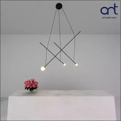 PRODUCT 7 pendant light with three lights hanging above marble table