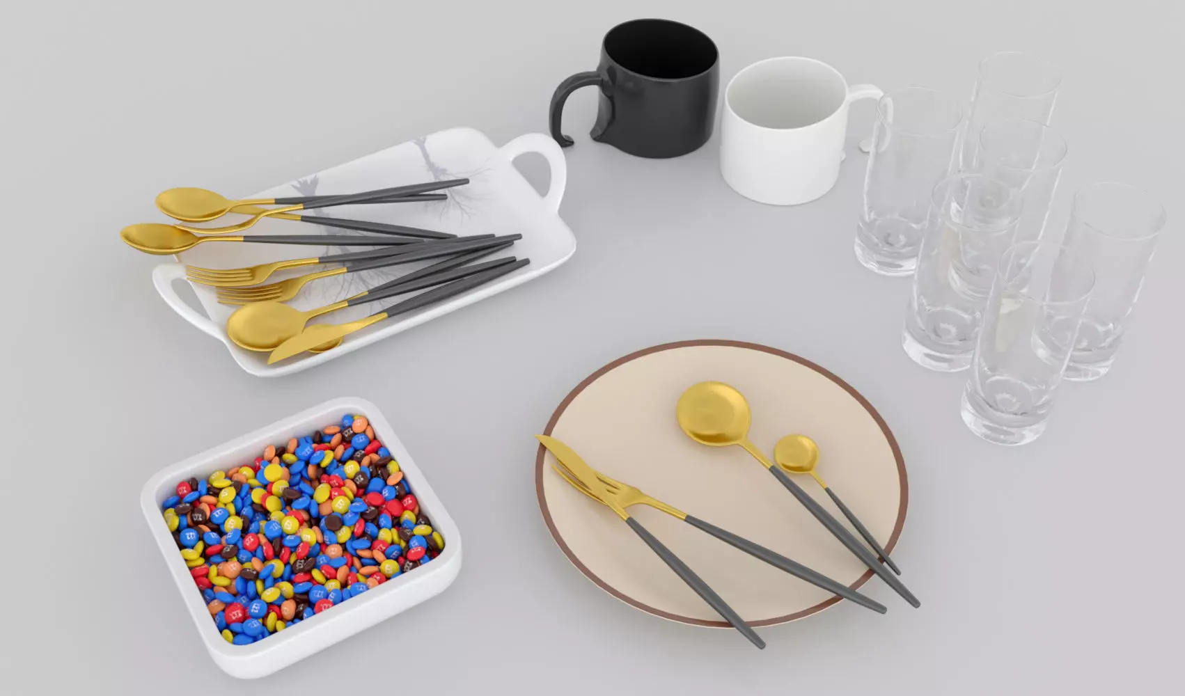 Dining set colorful sprinkles in square bowl 3D model_0