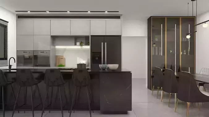 kitchen and living room 