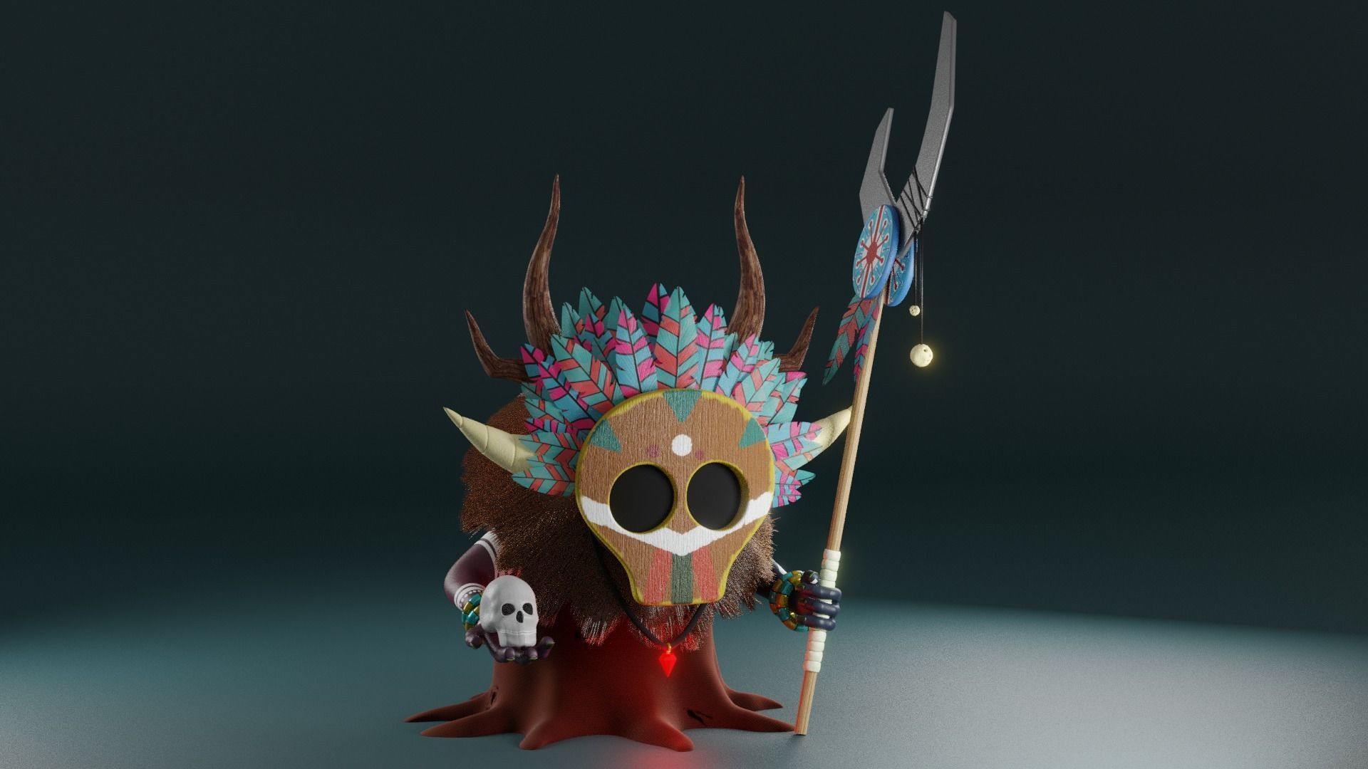 Shaman cartoon character with horns and spear 3D model_3