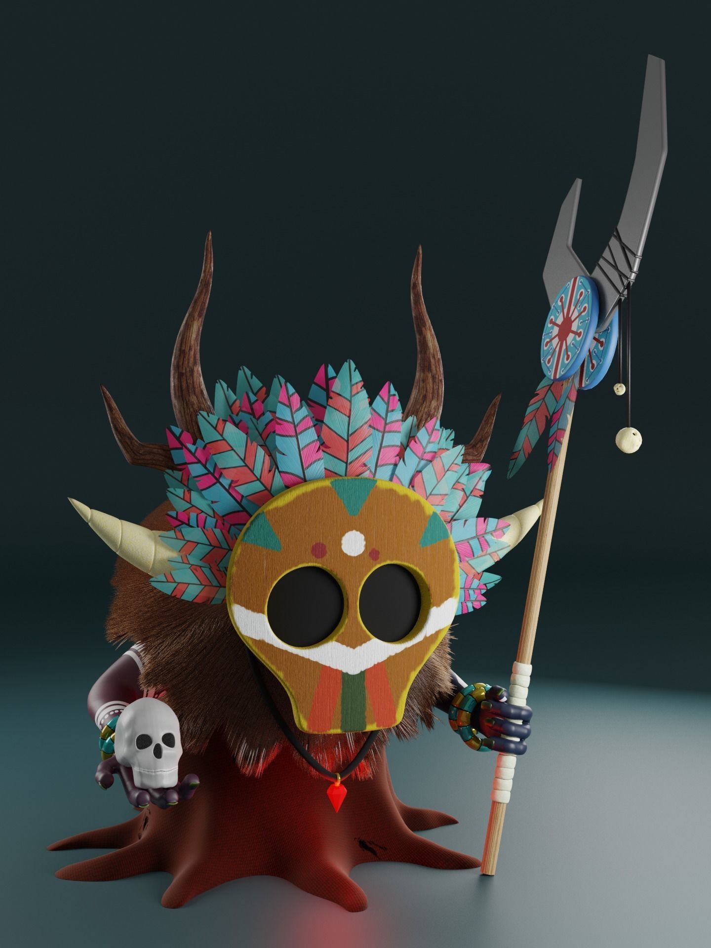 Shaman cartoon character with horns and spear 3D model_1