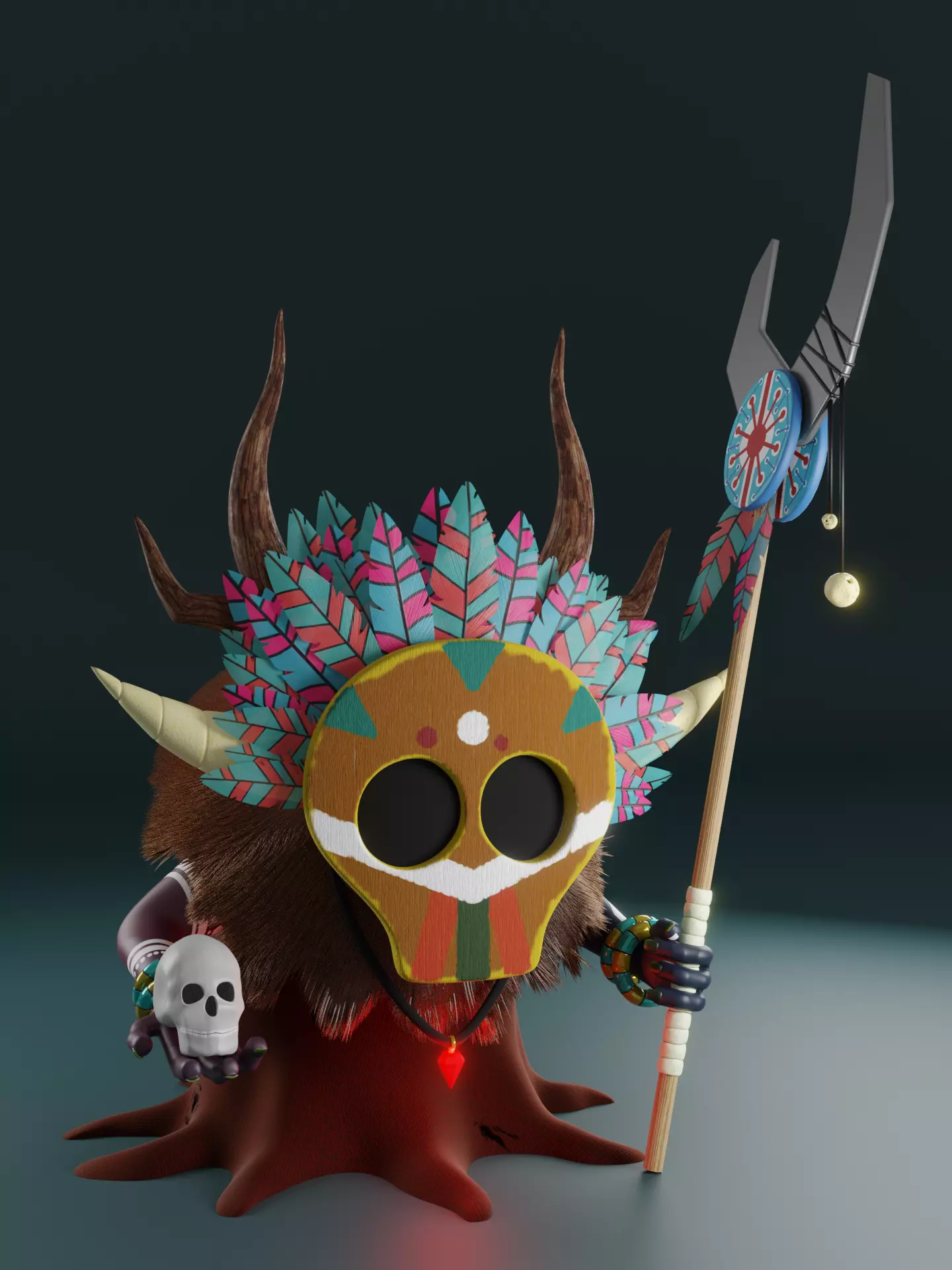 Shaman cartoon character with horns and spear 3D model_0