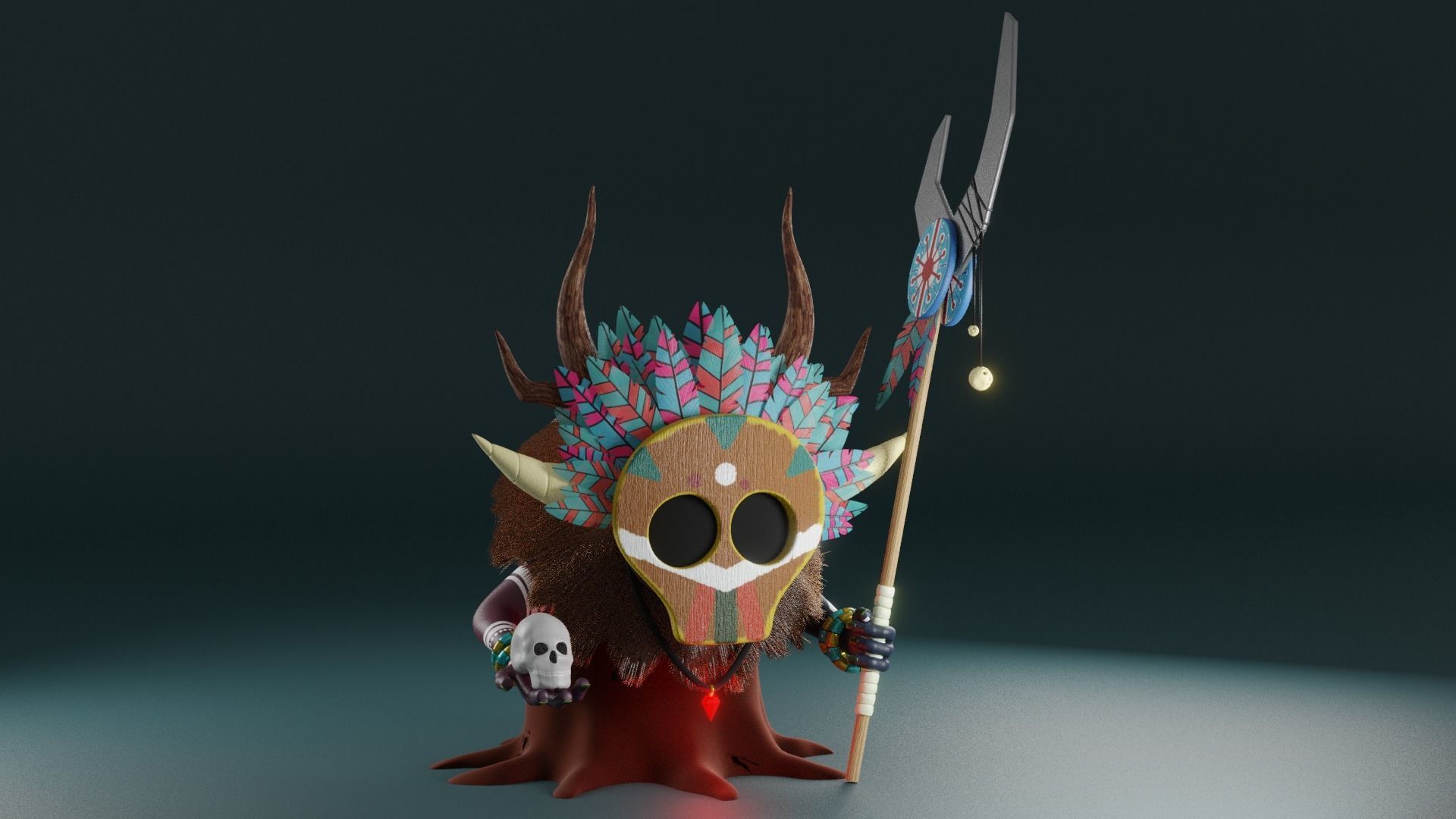 Shaman cartoon character with horns and spear 3D model_2