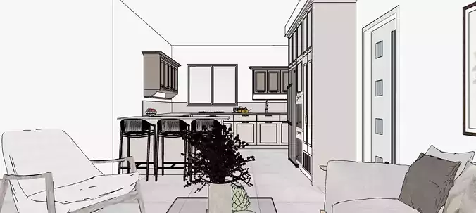 kitchen and living room 3D model