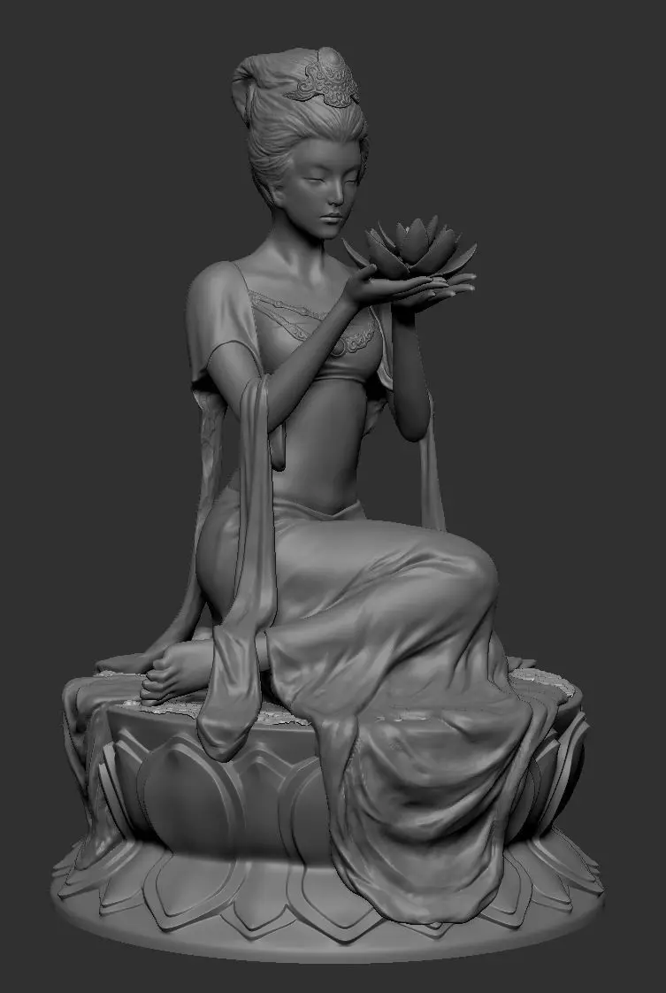 sculpture statue of woman holding lotus flower 3D model_0