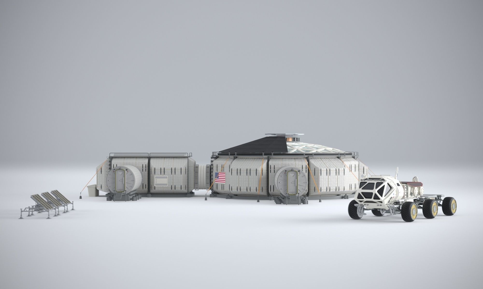 Martian base with rover and solar panels 3D model_1