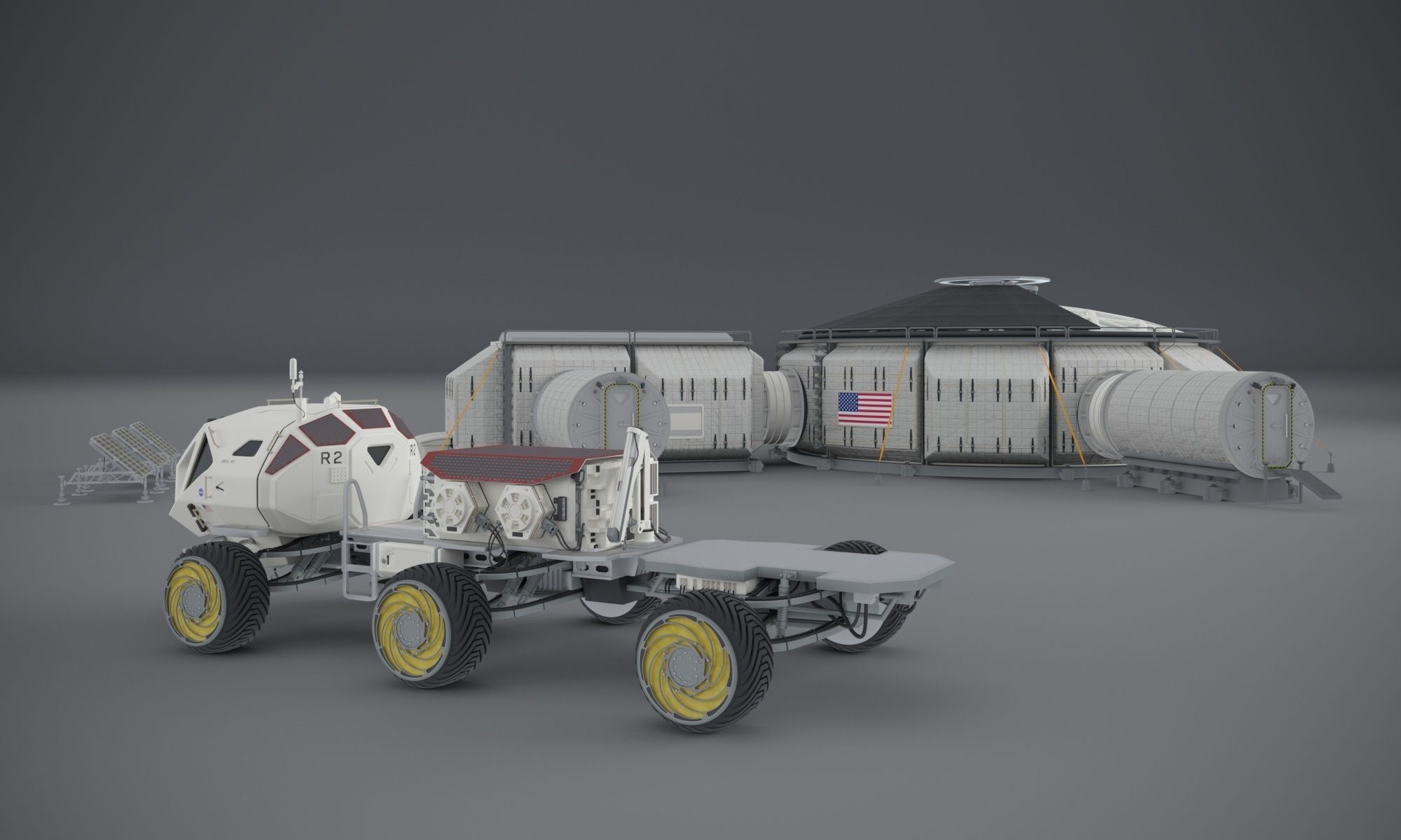 Martian base with rover and solar panels 3D model_4