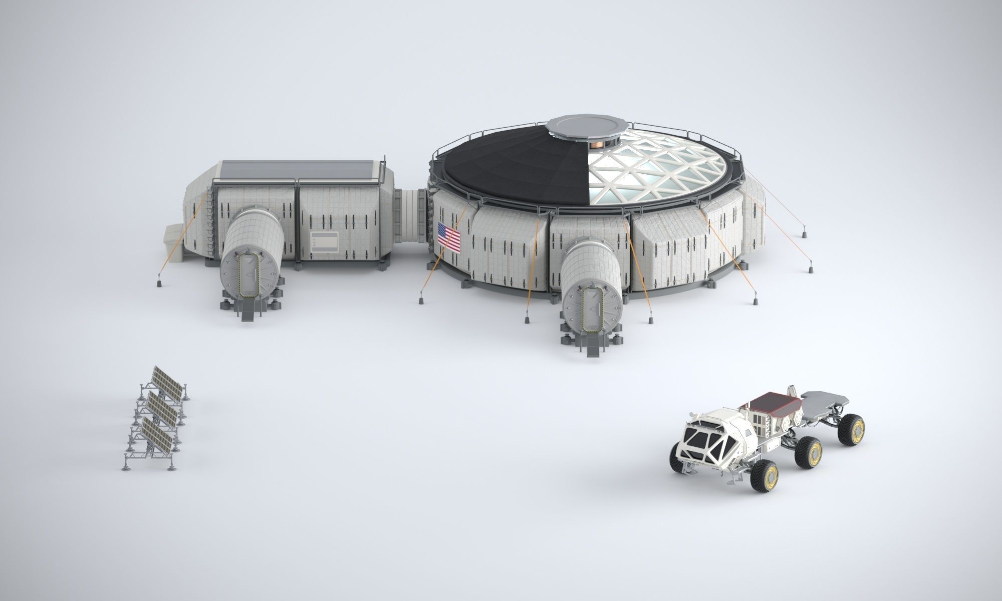 Martian base with rover and solar panels 3D model_2