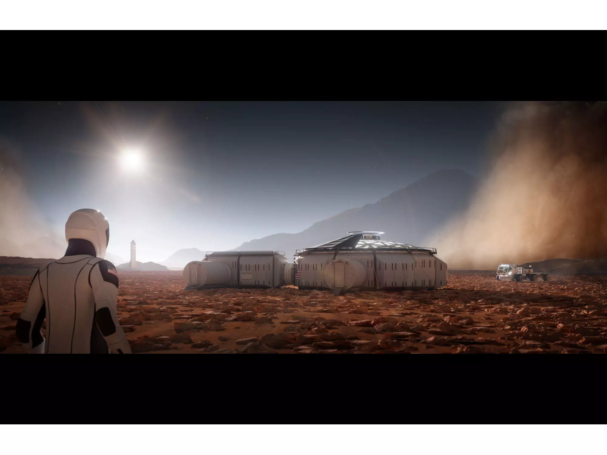 Martian base with rover and solar panels 3D model_0