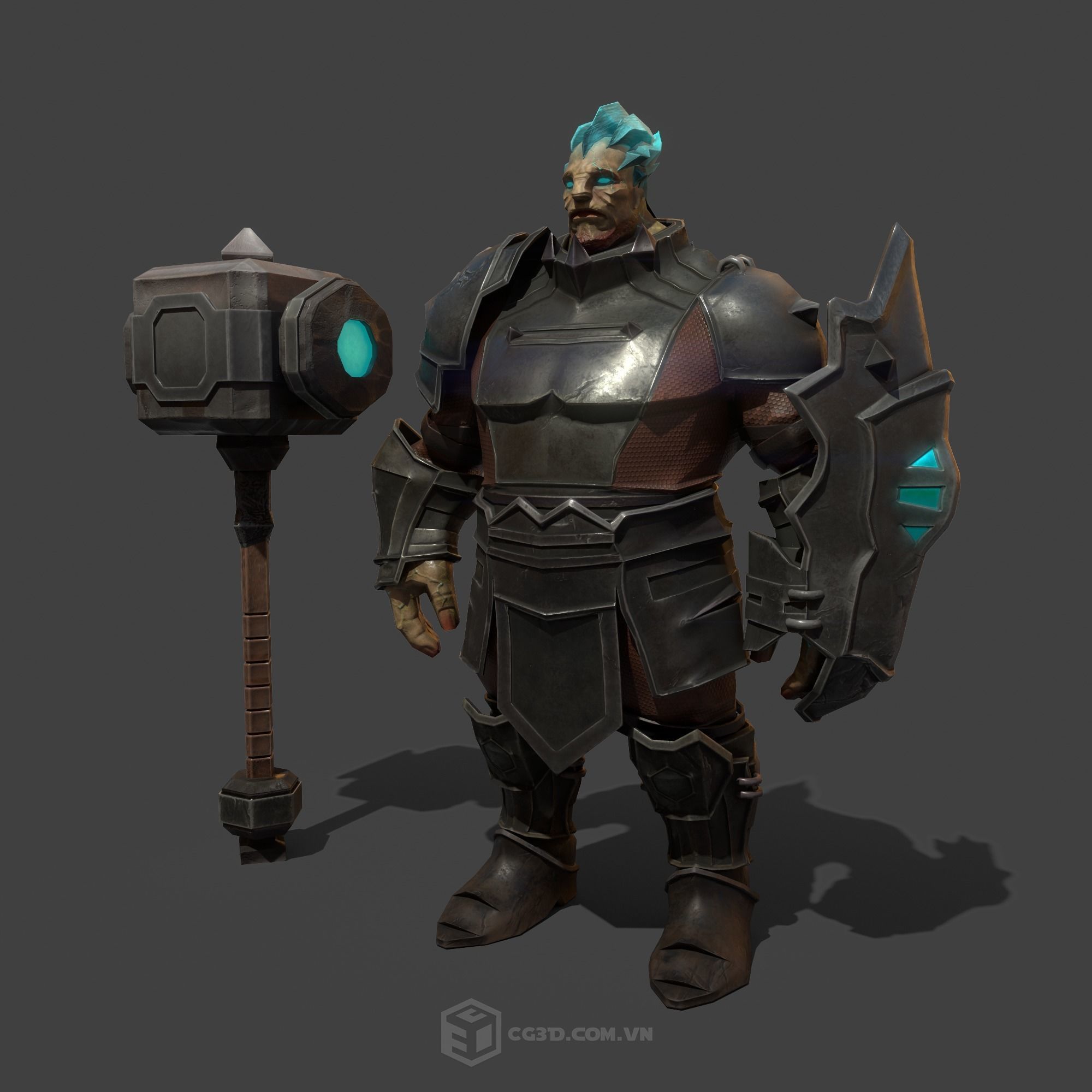 Hammer armored character with hair Low-poly 3D model_3
