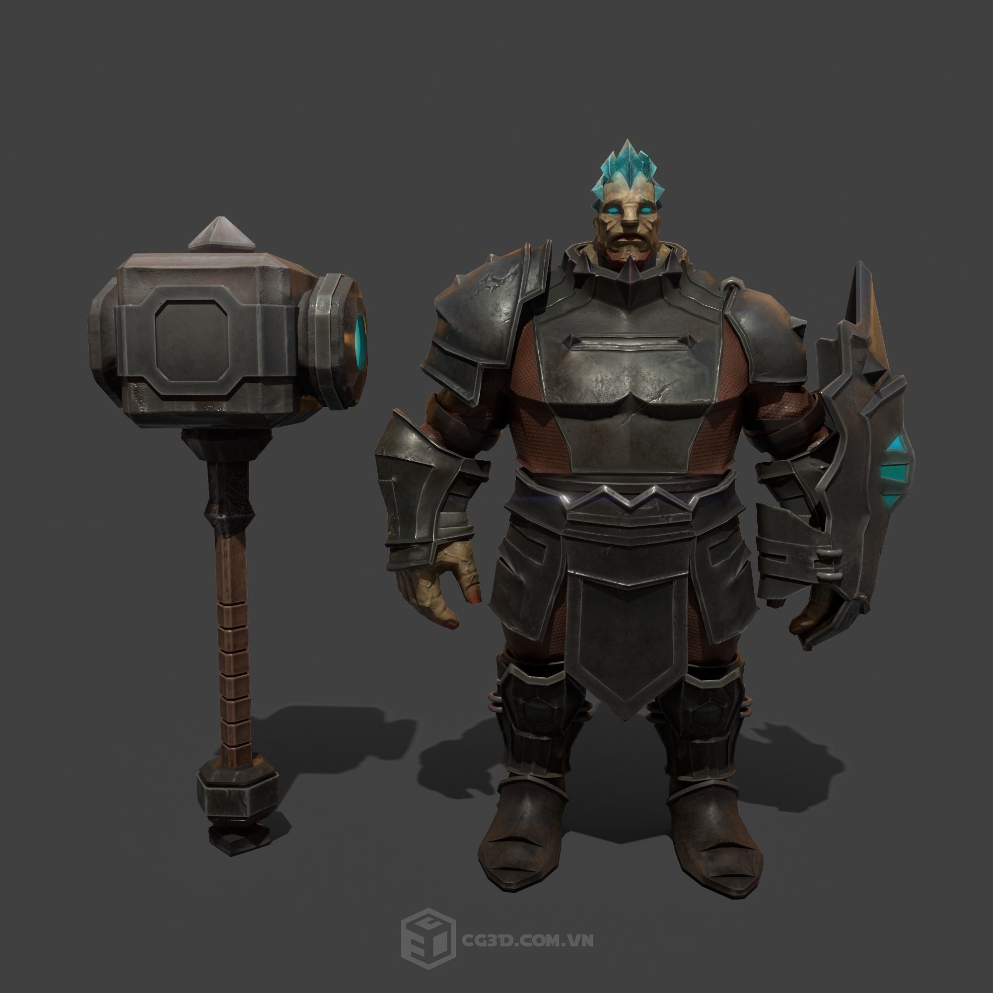Hammer armored character with hair Low-poly 3D model_4